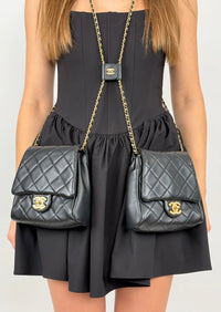 used-Chanel Lambskin Quilted Side Packs Black small double bag with pearls chain with cc logo-MILOURA