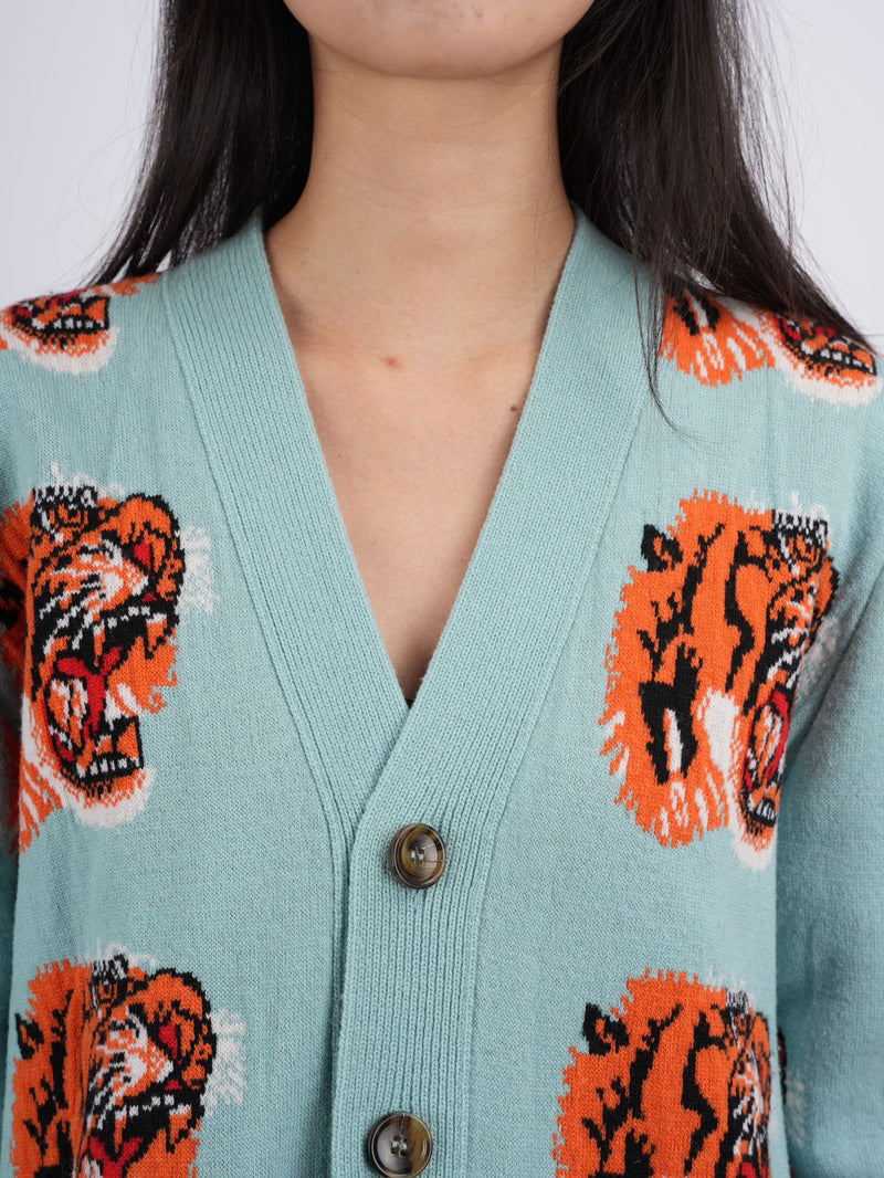 used-Gucci Tiger Jacquard Wool Cardigan light Blue-MILOURA