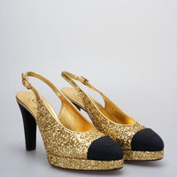 used-Chanel Grosgrain Cap Toe CC Slingback Pumps size 38 in Black and Gold-MILOURA