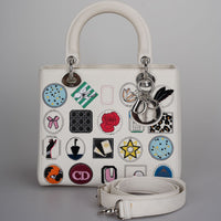 used-Christian Dior White Leather Lady Dior Bag Patch Embellished Medium-MILOURA