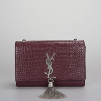 used-Saint Laurent Small Classic Monogram Kate Tassel Satchel Calfskin Crocodile Embossed Burgundy-MILOURA