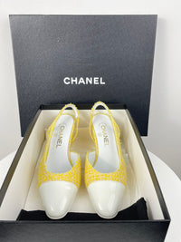 used-Chanel light yellow tweed slingback pumps with CC logo 37-MILOURA