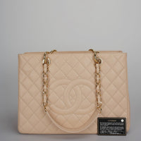 used-Chanel Beige Grand Shopping Tote GST Bag in Caviar Leather with gold Hardware-MILOURA