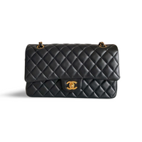 used-Chanel Black timeless Flap Bag Medium Lambskin Leather With Gold Hardware-MILOURA