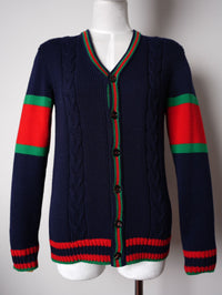 used-Gucci Blue/Red Oversize Cable Knit Cardigan-MILOURA