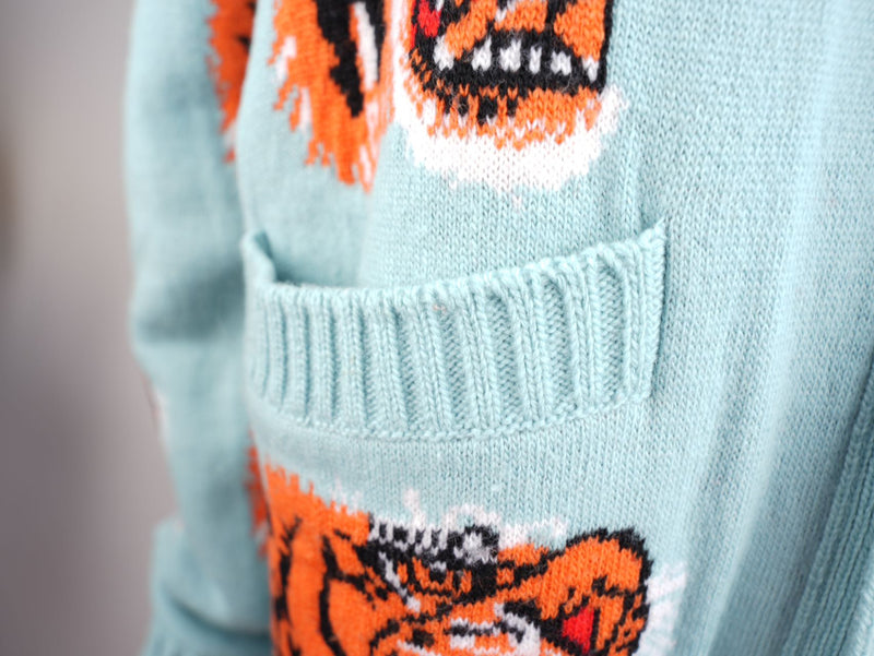 used-Gucci Tiger Jacquard Wool Cardigan light Blue-MILOURA