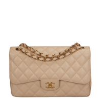 used-Chanel Beige Jumbo timeless Flap Bag Caviar Leather with Gold Hardware-MILOURA