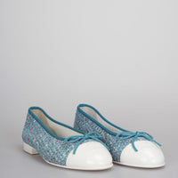 used-Chanel Blue / White Tweed Calfskin Cap Toe Ballerina Flats Size 37-MILOURA