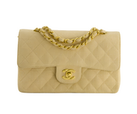 used-Chanel Vintage Beige Small Fabric Double Flap Bag with 24K Gold Hardware-MILOURA