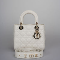 used-Christian Dior White Small Lady Dior Bag in Cannage Lambskin Leather with Gold Hardware 2020-MILOURA