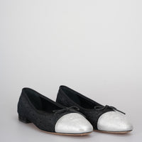 used-Chanel Black / Silver Leather CC Bow Cap Toe Ballet flats Size 37-MILOURA