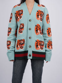 used-Gucci Tiger Jacquard Wool Cardigan light Blue-MILOURA