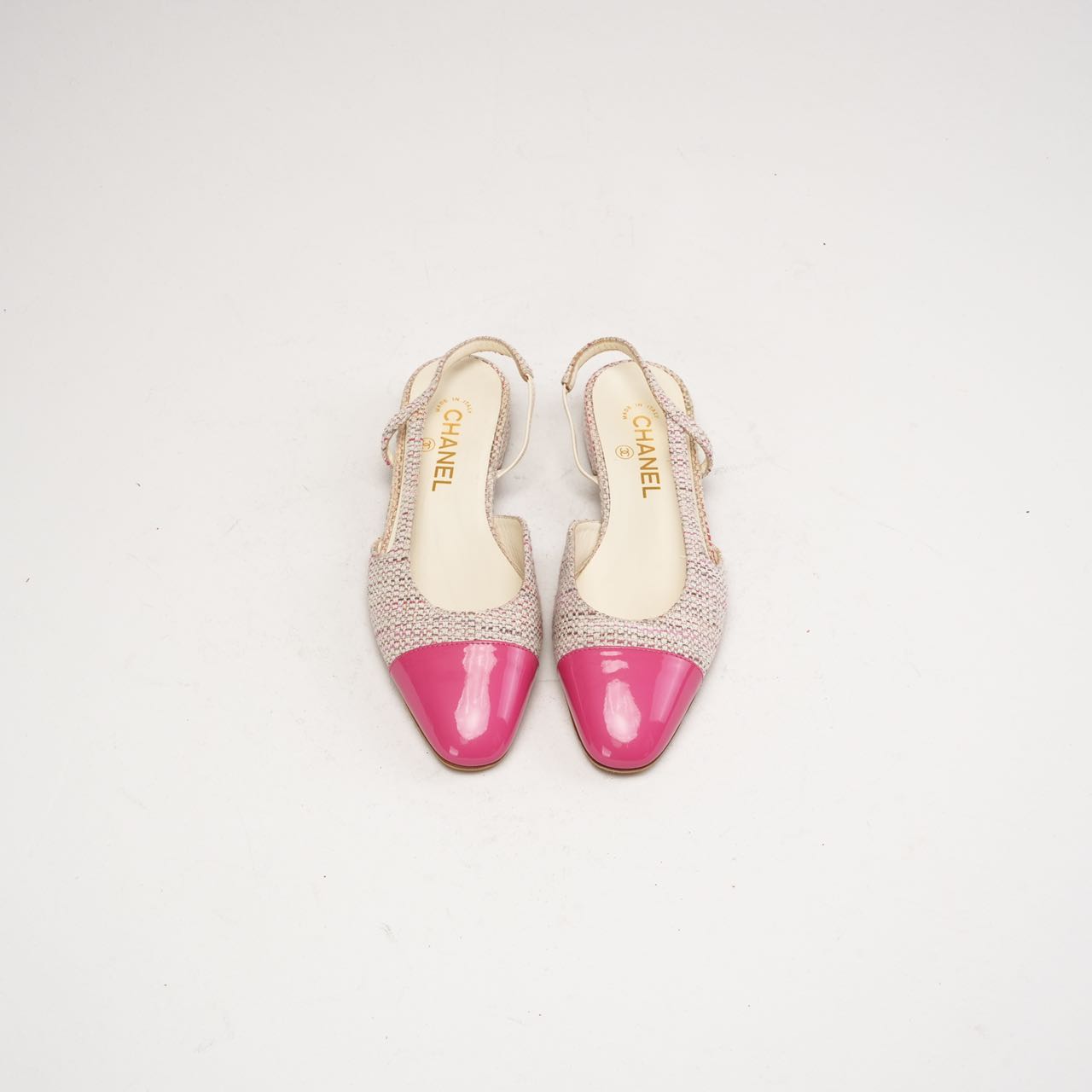 Second Hand Chanel CC Logo Tweed Slingback Flats Pink 38C