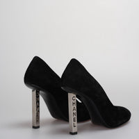 used-Chanel Black Suede Stilettos with Chanel Logo Engraved on Heel 36.5C-MILOURA