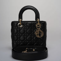 used-Christian Dior Black Small Lady Dior Bag in Cannage Lambskin Leather with Gold Hardware-MILOURA