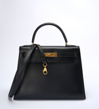 Hermes vintage Kelly 28 black box leather front side