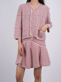 used-Chanel Pink White Striped Knit Jacket and Mini Skirt Suit-MILOURA