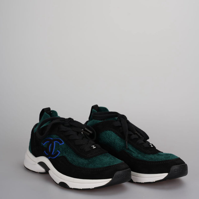 used-Chanel Low-Top Sneakers Suede and Knit Fabric Black/ Green / White Size38-MILOURA