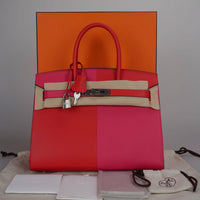used-Hermes Epsom Casaque Birkin Sellier 30 Rouge Coeur Rose Extreme Bleu Zanziba with palladium Hardware-MILOURA