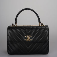 used-Chanel Lambskin Chevron Medium Trendy CC Top Handle Flap Bag in Black-MILOURA