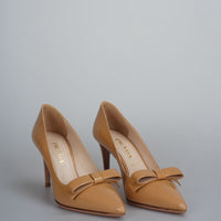 used-Prada Caramel Patent Leather Bow Pointed Toe Pumps Size 35.5-MILOURA