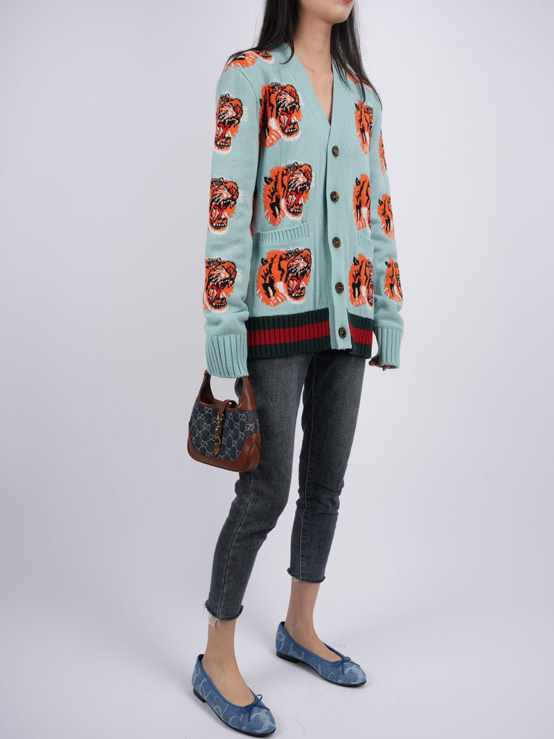 used-Gucci Tiger Jacquard Wool Cardigan light Blue-MILOURA