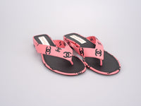 used-Chanel Pink Black Printed Lambskin CC Logo Thong Flat Flip Flop Sandal 38-MILOURA