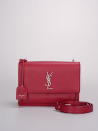 Saint Laurent Grained Calfskin Medium Monogram Sunset Bag in Satchel Red