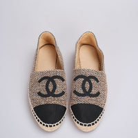 used-Chanel Tweed Grosgrain CC Espadrilles in Gold Beige Black-MILOURA