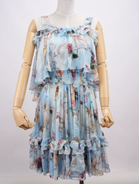Dolce Gabbana Blue Angle Printed Silk Pleated Midi Dress Blue and Multicolor 38