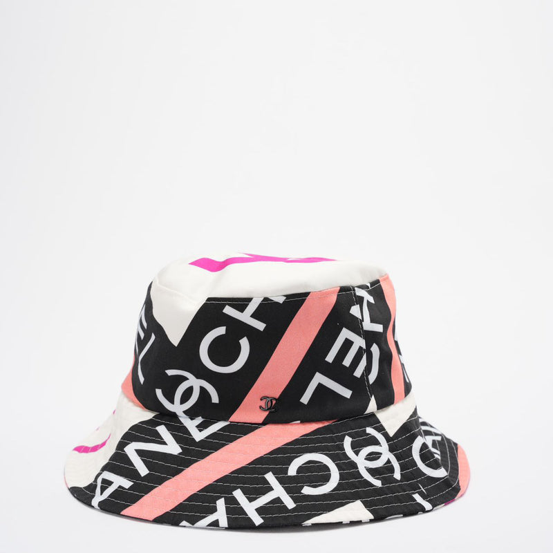 Chanel Cotton Logo Cloche Hat Bucket Hat Ecru / Black / Pink Pre-Loved Back