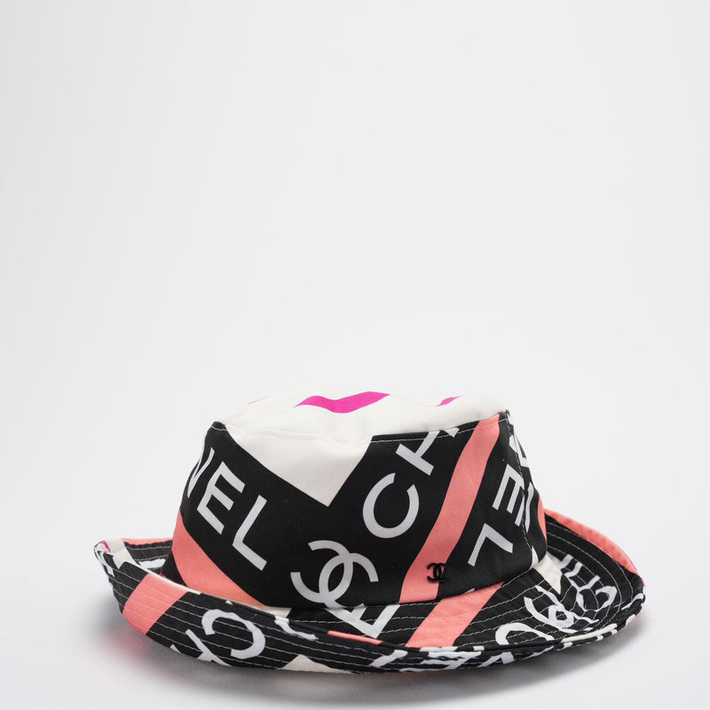 Chanel Cotton Logo Cloche Hat Bucket Hat Ecru / Black / Pink Pre-Loved Side