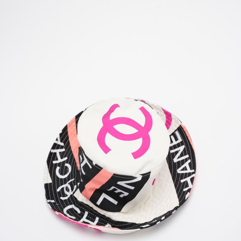 Chanel Cotton Logo Cloche Hat Bucket Hat Ecru / Black / Pink Pre-Loved Up