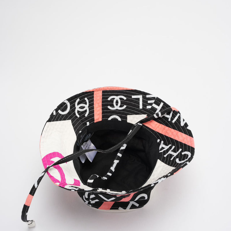 Chanel Cotton Logo Cloche Hat Bucket Hat Ecru / Black / Pink Pre-Loved Inside