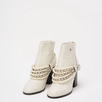 Chanel White Calfskin Pearl Chain CC Short Boots 39.5