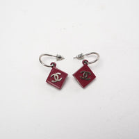 Chanel CC Burgundy Red Enamel Silver Tone Earrings