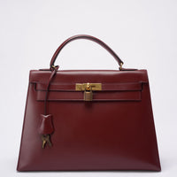 Hermes Vintgae Kelly 32 Burgundy Red Box Leather 1985
