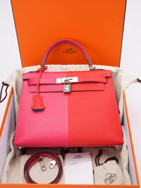 Hermes Kelly 28 Sellier Epsom Rose/Red with Blue Interior
