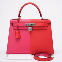 Hermès Kelly 28 Epsom Rose Extreme/ Rouge de Coeur with Blue Zanzibar
