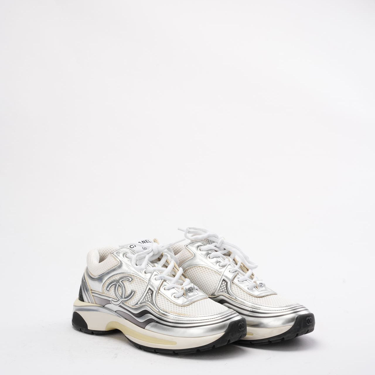 Buy Used Chanel CC Logo Sneaker in White and Silver 38.5 | Miloura 