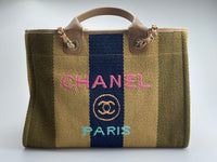 Chanel Deauville Medium Tote Bag in Khaki Beige and Navy Blue Raffia with Gold Hardware