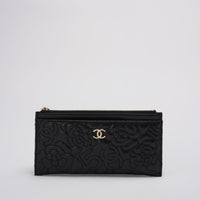Chanel Camellia Quilted Lambskin Leather Black Zip Pouch