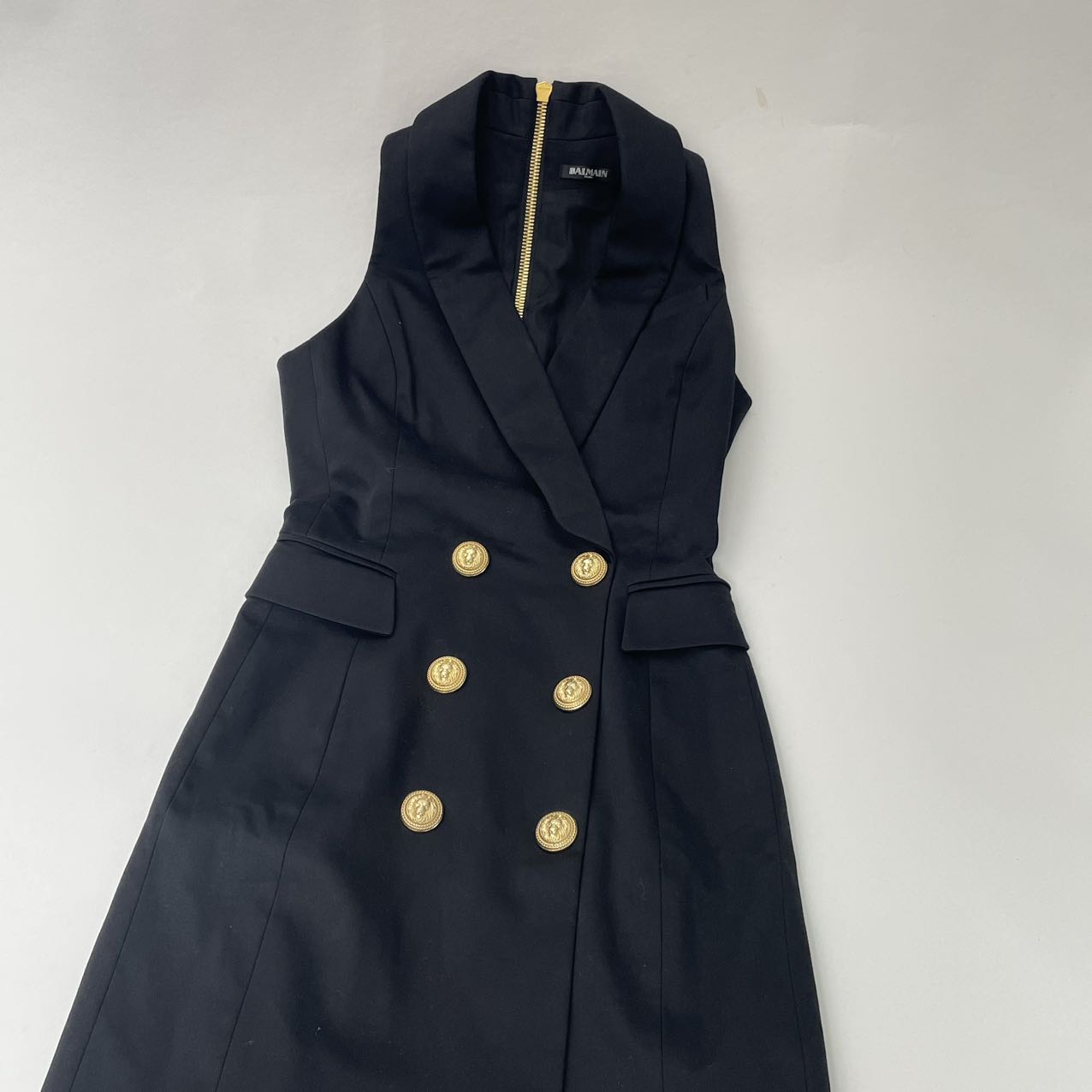 balmain sleeveless blazer dress turquoise gold buttons Balmain Sleeveless Double-Breasted Mini Dress Black FR36