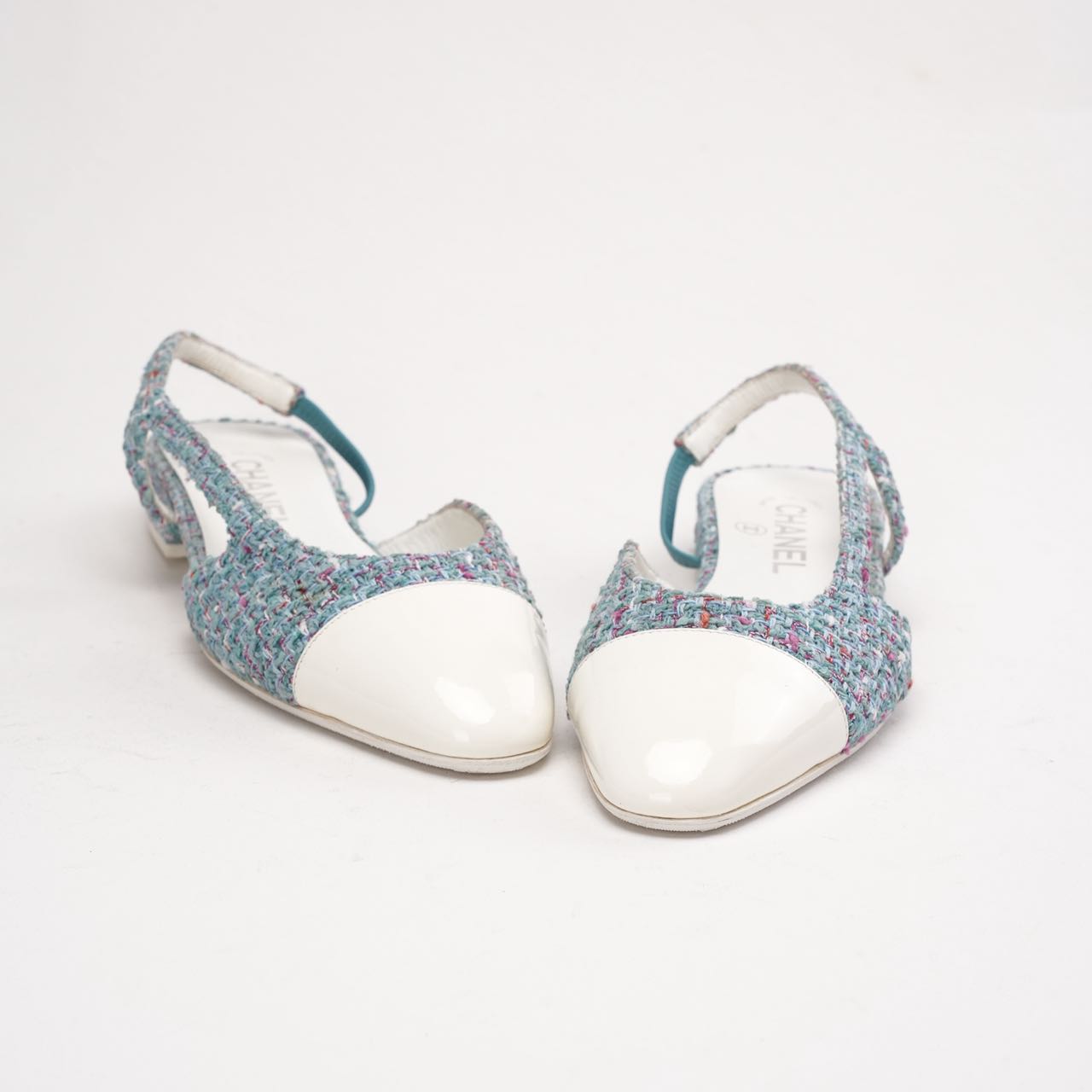 Chanel Tiffany Blue Tweed and White Patent Leather CC Slingback