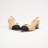 Chanel Beige /Black Lambskin Cap Toe CC Slingback Pumps Size 38.5
