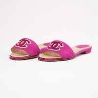 Chanel Pink Suede CC Logo Slide Sandals Quilted Flat Mules Size 36.5