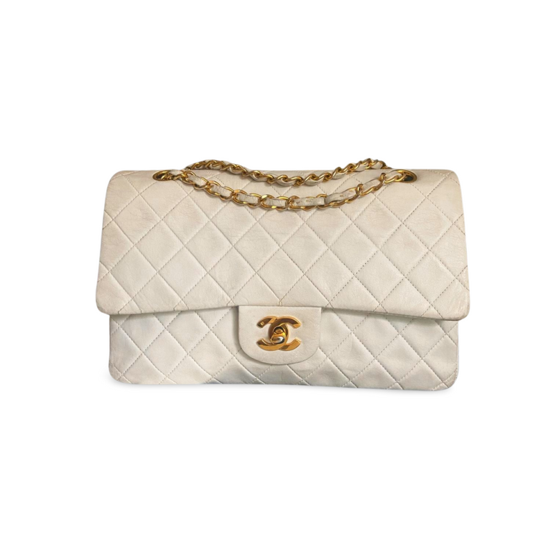 Chanel White Vintage Medium Classic Flap Bag in Lambskin Leather with 24K Gold Hardware Chanel Bag MILOURA