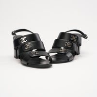Chanel Black Lambskin CC Turnlock Sandals Size 38