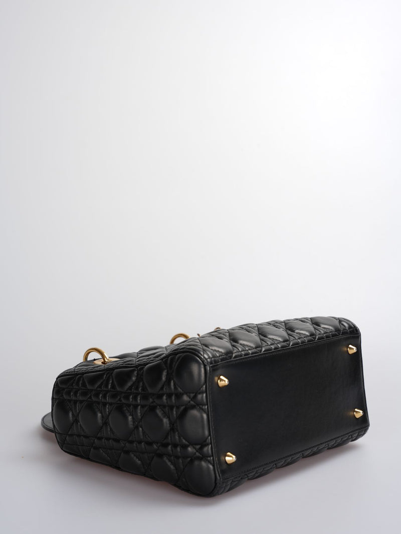 Christian Dior Black Medium Lady Dior Bag in Cannage Lambskin Leather with Gold Hardware Luxury Designer Bag MILOURA