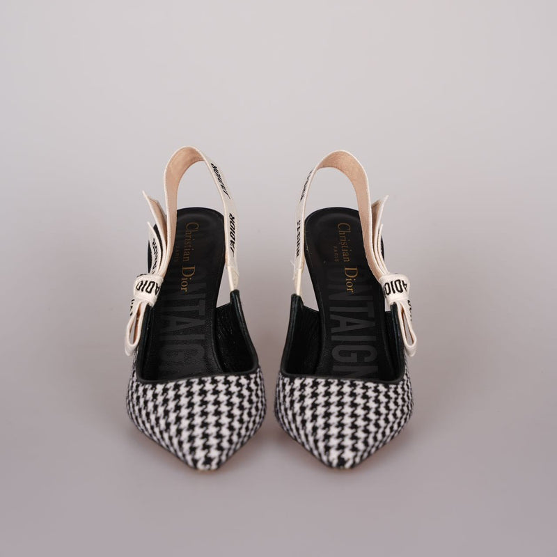 Christian Dior Wool Ribbon Houndstooth J'Adior Slingback 8cm Pumps 38D Black White Luxury Brand Shoes MILOURA